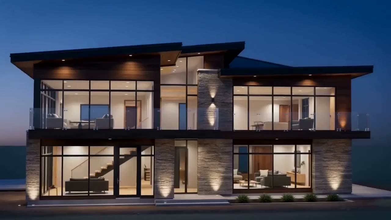 A modern two-storey home lit from within at dusk